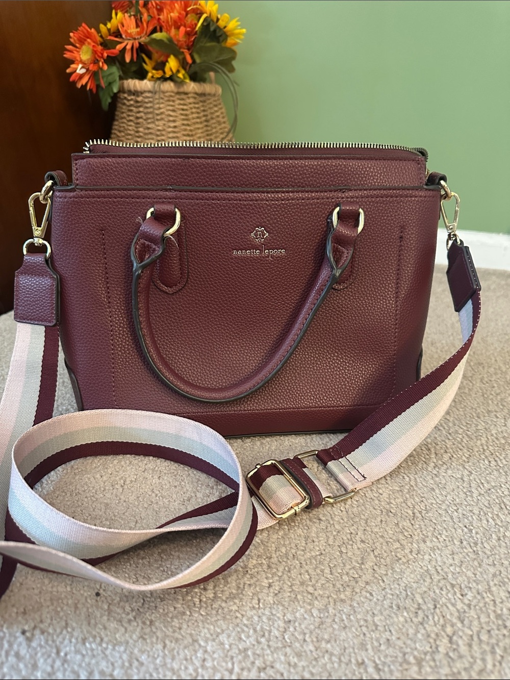 Nanette Lepore Burgundy Pebbled Leather Satchel with Striped Detachable Strap